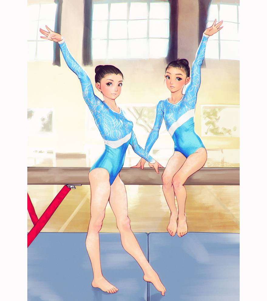 2girls, arm_up, athletic_leotard, balance_beam, brown_eyes, brown_hair, child, fumichika_mori, hair_bun, hair_pulled_back, leotard, multiple_girls, original, single_hair_bun, sitting