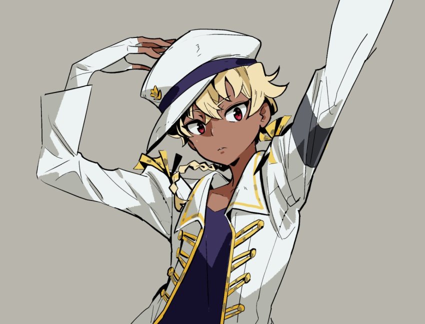 1boy, arm_up, arms_up, blonde_hair, braid, dark-skinned_male, dark_skin, fingerless_gloves