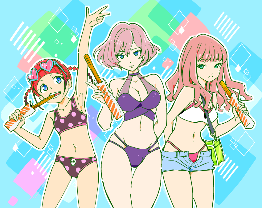 3girls, absurdres, arm_up, asukagawa_chise, bag, bikini, blue_eyes, braid, breasts, brown_hair, commentary, eating, english_commentary, eyewear_on_head, flat_chest, green_nails, gridman_universe, handbag, heart, heart-shaped_eyewear, highres, long_hair, medium_breasts, minami_yume, mujina, multiple_girls, nail_polish, navel, polka_dot, polka_dot_bikini, purple_bikini, red_hair, short_hair, short_shorts, shorts, simple_background, small_breasts, ssss.dynazenon, standing, swimsuit, thighs, twin_braids, twintails, yunta_(yuntalal)