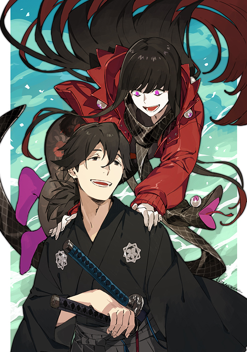 1boy, 1girl, black_eyes, black_hair, fate/grand_order, fate_(series), hood, hooded_jacket, jacket, japanese_clothes, katana, kaworu_(kaw_lov), kimono, long_hair, oryou_(fate), oryou_(lancer)_(fate), oryou_(lancer)_(first_ascension)_(fate), pink_eyes, sakamoto_ryouma_(fate), sakamoto_ryouma_(lancer)_(fate), sakamoto_ryouma_(lancer)_(first_ascension)_(fate), scarf, signature, sword, weapon