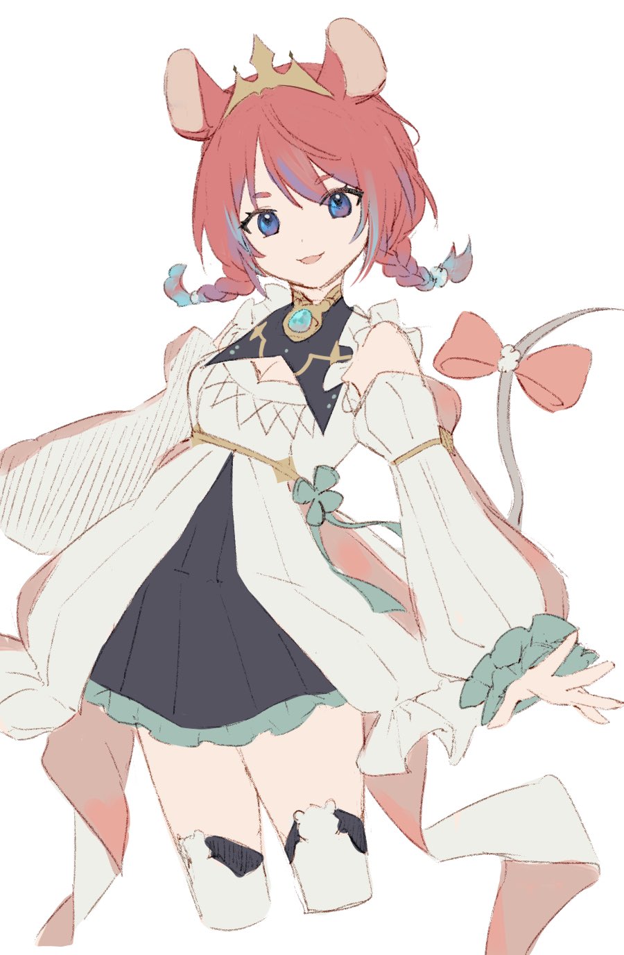 animal_ears, black_skirt, blue_eyes, blue_hair, bow, braid, breasts, cha_chya