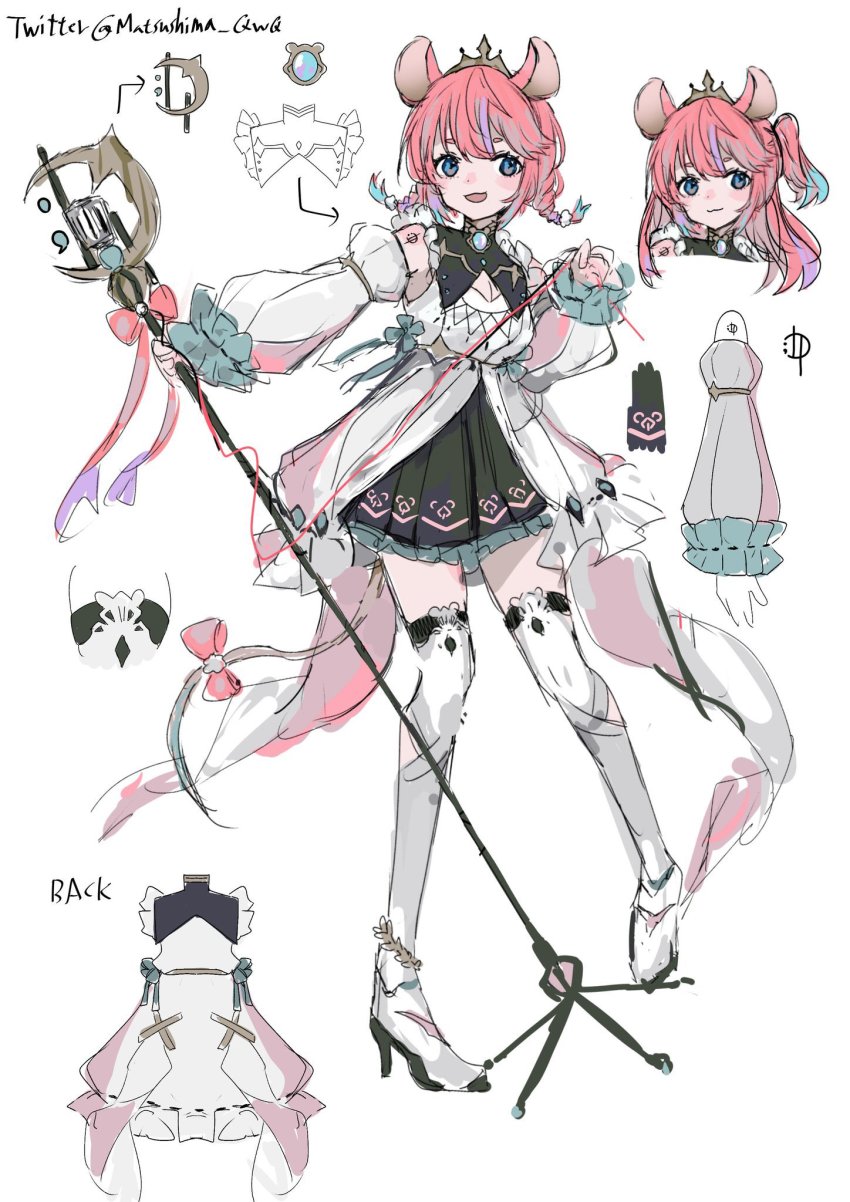 1girl, animal_ears, blue_hair, breasts, cleavage, cleavage_cutout, clothing_cutout, commentary, detached_sleeves, dress, emiri_kura, english_commentary, gomiyama, gradient_hair, high_heels, highres, holding, holding_staff, indie_virtual_youtuber, long_hair, mouse_ears, mouse_girl, multicolored_hair, multiple_views, official_art, pink_hair, reference_sheet, second-party_source, short_side_ponytail, side_ponytail, sketch, smile, staff, thighhighs, twitter_username, virtual_youtuber, white_dress, white_thighhighs