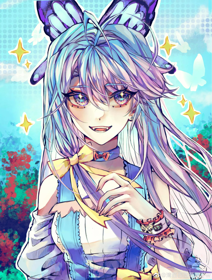 +_+, 1girl, absurdres, blue_hair, blue_sky, douluo_dalu, dress, fangs