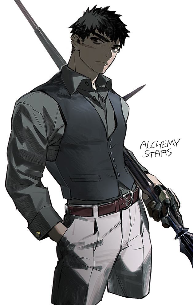 1boy, alchemy_stars, black_gloves, black_hair, black_vest, collared_shirt, cropped_legs, facial_scar