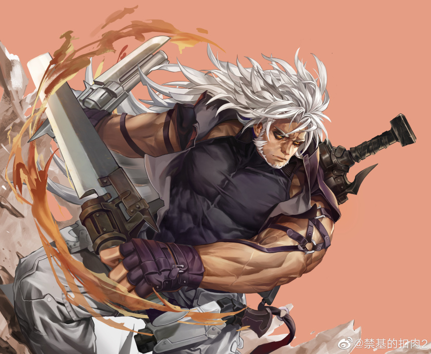 1boy, alchemy_stars, anjingkuxiao, bara, bare_shoulders, beard, black_shirt, covered_abs, dark-skinned_male, dark_skin, dual_wielding, facial_hair, feet_out_of_frame, fighting_stance, fingerless_gloves, from_side, gloves, gram_(alchemy_stars), harness, highres, holding, holding_sword, holding_weapon, large_pectorals, long_hair, male_focus, mature_male, muscular, muscular_male, pants, pectorals, shirt, sleeveless, sleeveless_shirt, solo, sword, taut_clothes, taut_shirt, veins, weapon, white_hair, white_pants, yellow_eyes