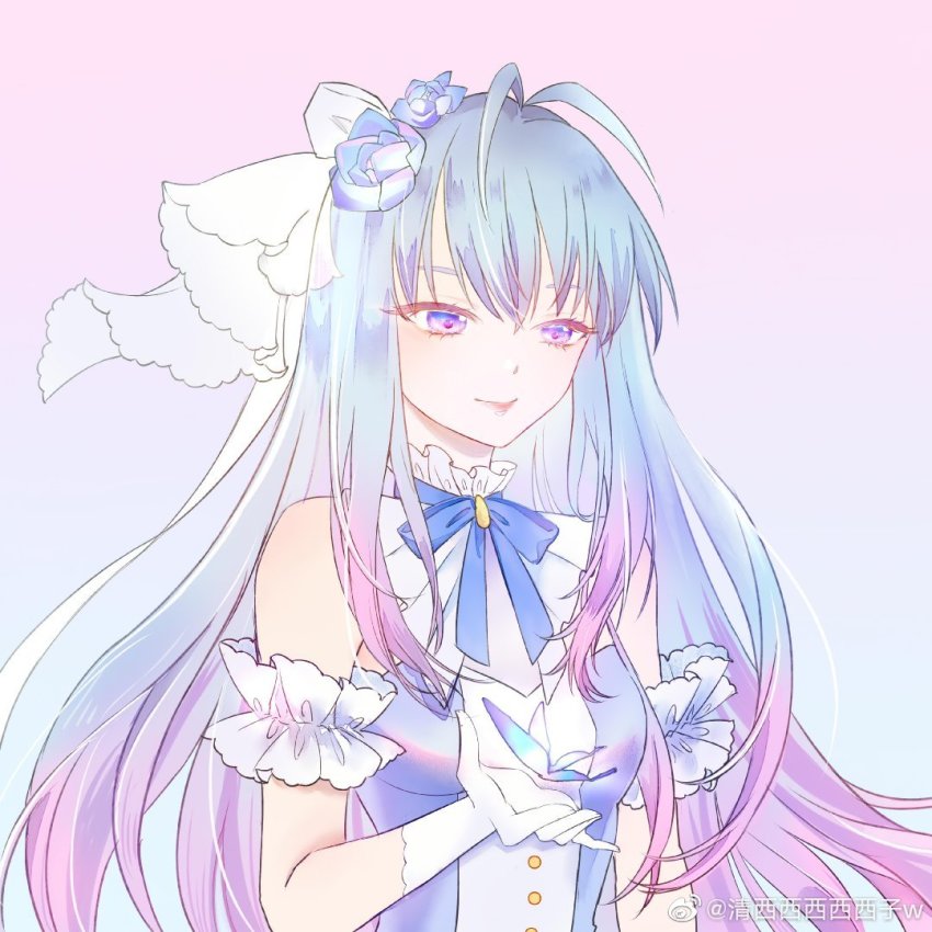 1girl, ahoge, blue_dress, blue_hair, bug, butterfly, douluo_dalu, dress