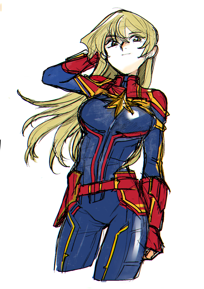 1girl, 203wolves, blonde_hair, blue_bodysuit, bodysuit, breasts, brown_eyes, captain_marvel_(marvel), captain_marvel_(movie), closed_mouth, cosplay, cropped_legs, gloves, highres, long_hair, marvel, red_gloves, simple_background, smile, solo, superhero_costume, tenjouin_asuka, white_background, yu-gi-oh!, yu-gi-oh!_gx