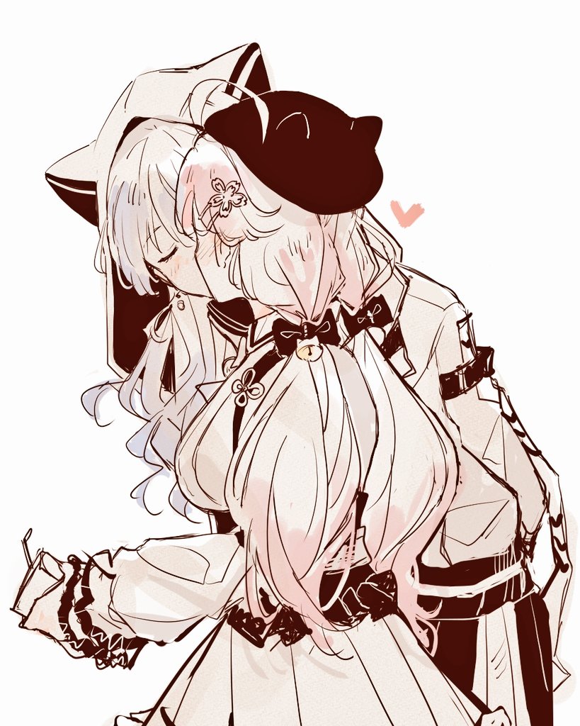 2girls, ahoge, animal_hood, bad_id, bad_twitter_id, bell, black_headwear, blue_hair, blush, bow, closed_eyes, commentary, cup, drinking_straw, facing_another, hair_bell, hair_bow, hair_ornament, hairclip, hat, heart, holding, holding_cup, hololive, hood, hoodie, hoshimachi_suisei, hoshimachi_suisei_(sailor), kiss, kyrl, long_hair, low_twintails, multiple_girls, muted_color, pink_hair, sakura_miko, sakura_miko_(casual), sketch, untranslatable_commentary, twintails, virtual_youtuber, white_background, yuri