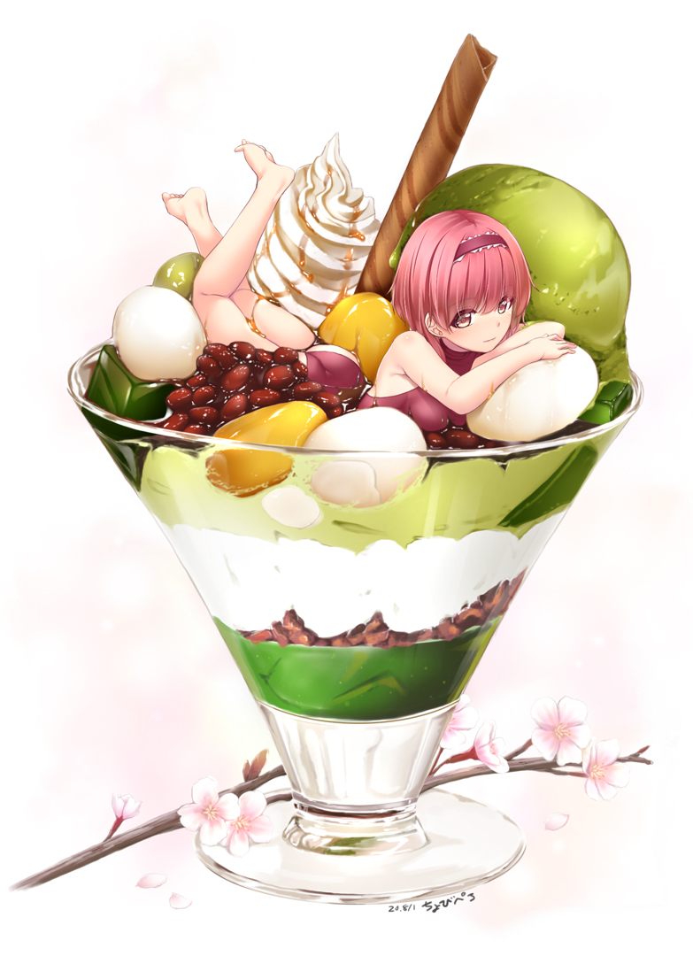 1girl, bare_arms, bare_legs, bare_shoulders, barefoot, blunt_bangs, branch, breasts, character_request, chobipero, commentary_request, cup, dated, drinking_glass, feet_up, flower, food, food_request, hairband, ice_cream, in_container, in_cup, in_food, looking_at_viewer, lying, medium_hair, mini_person, minigirl, mochi, on_stomach, one-piece_swimsuit, parfait, petals, pink_flower, pink_hair, red_bean_ice_cream, red_eyes, red_one-piece_swimsuit, red_sweater, smile, soft_serve, solo, sweater, swimsuit, tenka_hyakken, the_pose, wafer_stick, white_background, white_flower