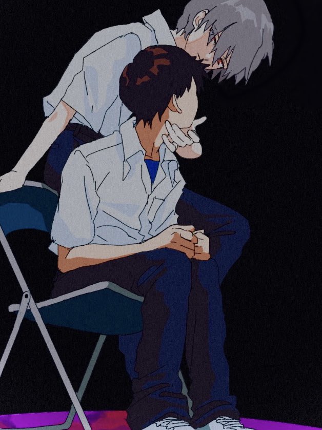 2boys, a12740807, blouse, blue_shirt, chair, collared_shirt, grey_hair, hair_between_eyes, ikari_shinji, looking_at_another, multiple_boys, nagisa_kaworu, neon_genesis_evangelion, on_chair, pants, school_uniform, shirt, sitting, tokyo-3_middle_school_uniform, white_shirt, yaoi