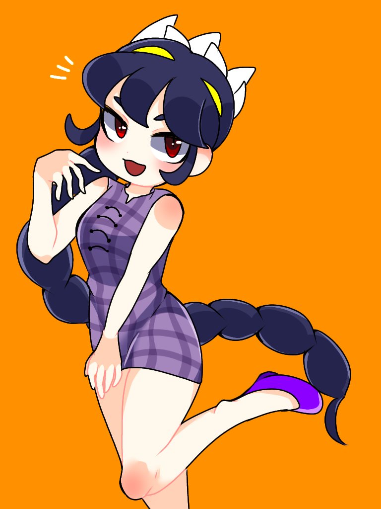 1girl, ^^^, alternate_costume, alternate_hairstyle, black_hair, braid, braided_ponytail, filia_(skullgirls), leg_up, long_hair, open_mouth, orange_background, red_eyes, saiaindicator, samson_(skullgirls), skullgirls, smile, solo
