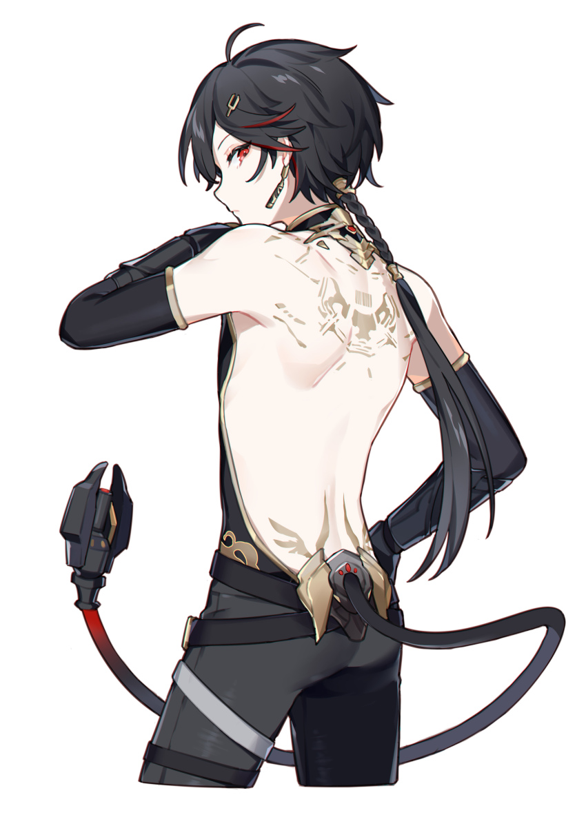 1boy, absurdres, ahoge, anchun_(quail0503), back_tattoo, backless_outfit, bare_back, belt