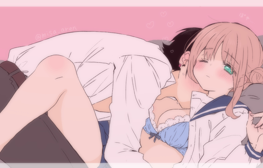 1boy, 1girl, black_hair, black_pants, blouse, blue_bra, blue_sailor_collar, blue_skirt