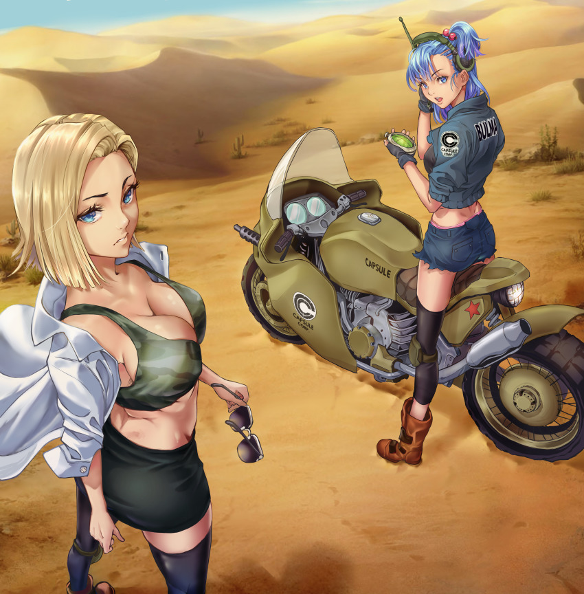 2girls, absurdres, alternate_hair_color, android_18, arms_at_sides, ass, asymmetrical_bangs, black_legwear, blonde_hair, blue_eyes, blue_hair, boots, breasts, brown_footwear, bulma, cactus, capsule_corp, character_name, cleavage, collared_shirt, crop_top, cutoffs, day, desert, dragon_ball, dragon_radar, dragonball_z, eyelashes, unworn_eyewear, feet_out_of_frame, female_focus, fingerless_gloves, gloves, gun, hair_bobbles, hair_ornament, hands_up, headphones, highres, holding, holding_removed_eyewear, jacket, kerana_art, knee_pads, large_breasts, looking_at_another, looking_at_viewer, looking_back, machine_gun, matching_hair/eyes, medium_hair, midriff, miniskirt, motor_vehicle, motorcycle, multiple_girls, open_clothes, open_mouth, open_shirt, outdoors, panties, panty_peek, parted_lips, pencil_skirt, pink_panties, sand, sand_dunes, shirt, short_shorts, shorts, side_ponytail, single_knee_pad, sitting, sitting_on_motorcycle, skirt, sky, standing, star_(symbol), strap_gap, sunglasses, tank_top, thighhighs, underwear, weapon, white_shirt, wind, zettai_ryouiki