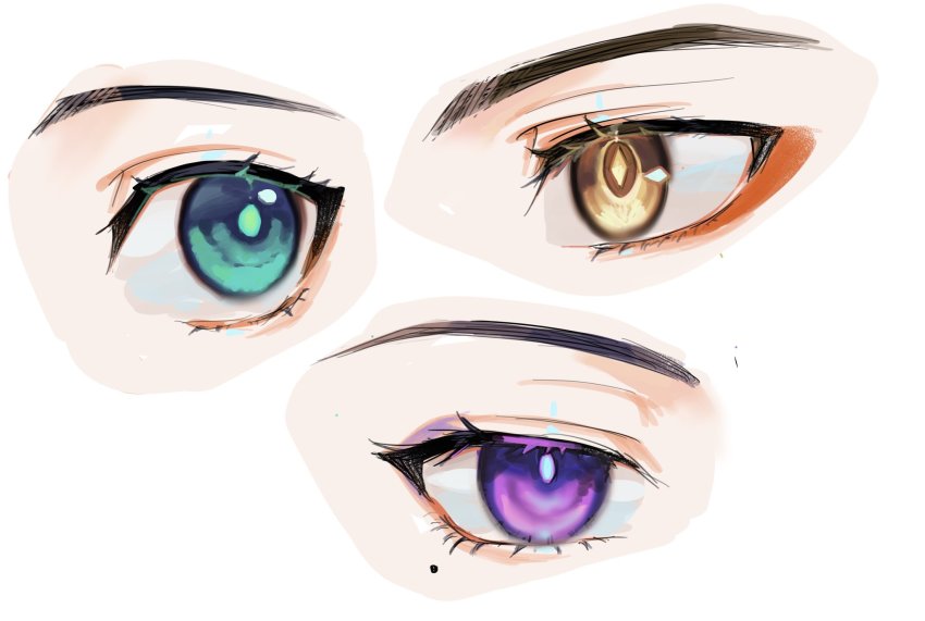 1girl, 2boys, commentary, diamond-shaped_pupils, diamond_(shape), english_commentary, eye_focus, genshin_impact