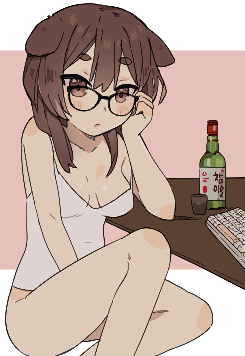1girl, absurdres, alcohol, animal_ears, blush, bottle, breasts, brown_hair