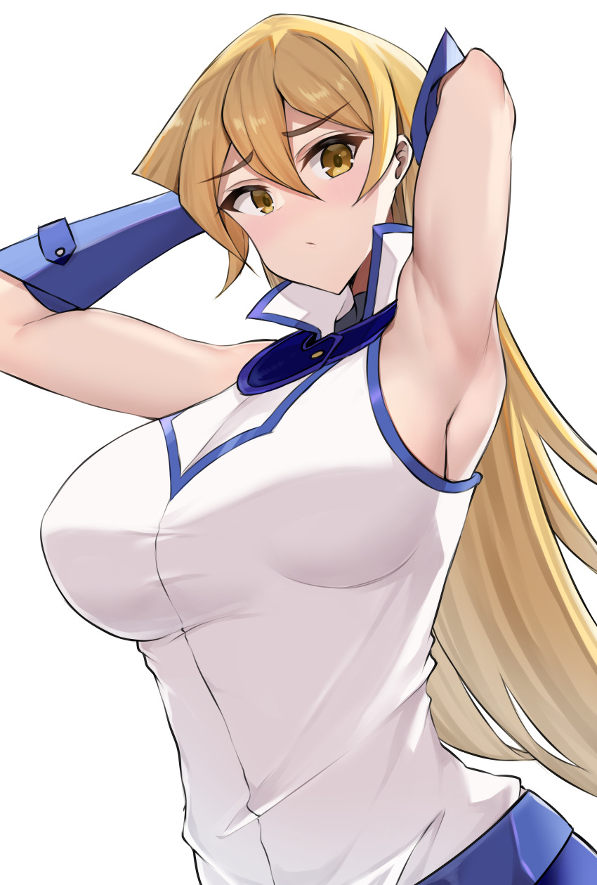 1girl, absurdres, armpits, bare_shoulders, blonde_hair, blush, breasts, female_focus