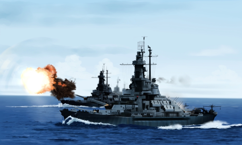 aircraft, airplane, antenna_mast, battleship, cannon, fire, firing, highres