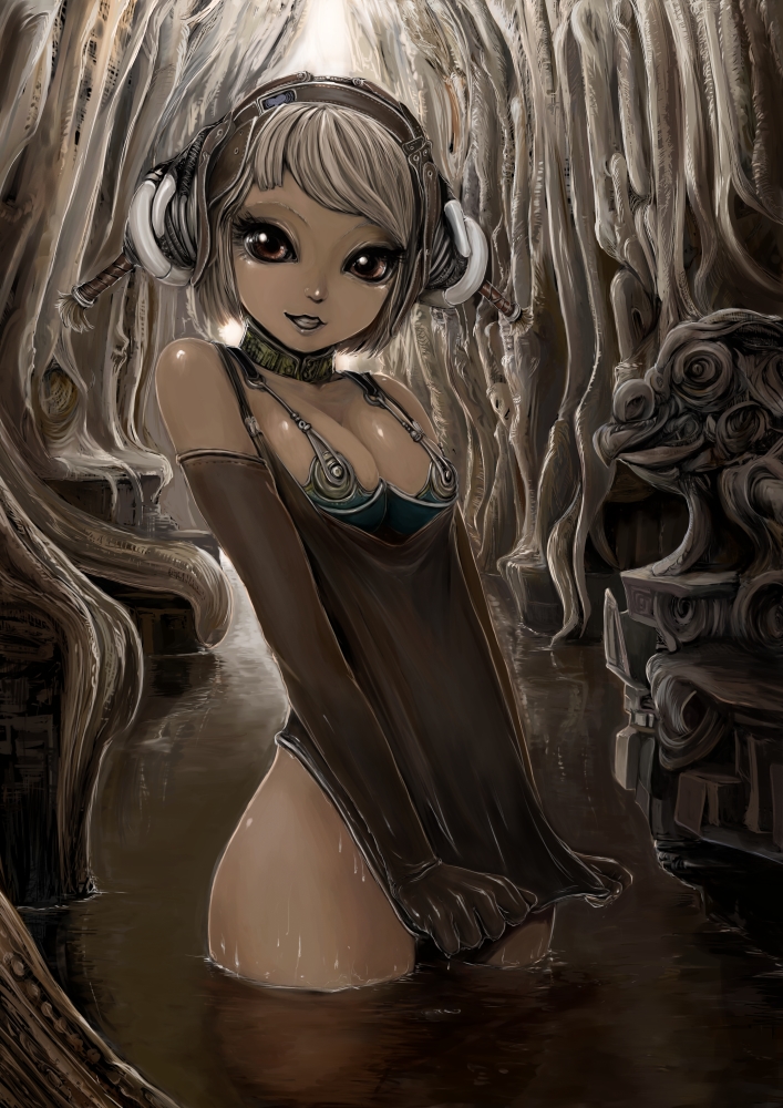 1girl, bad_id, bad_pixiv_id, blonde_hair, bottomless, breasts, brown_eyes, cleavage