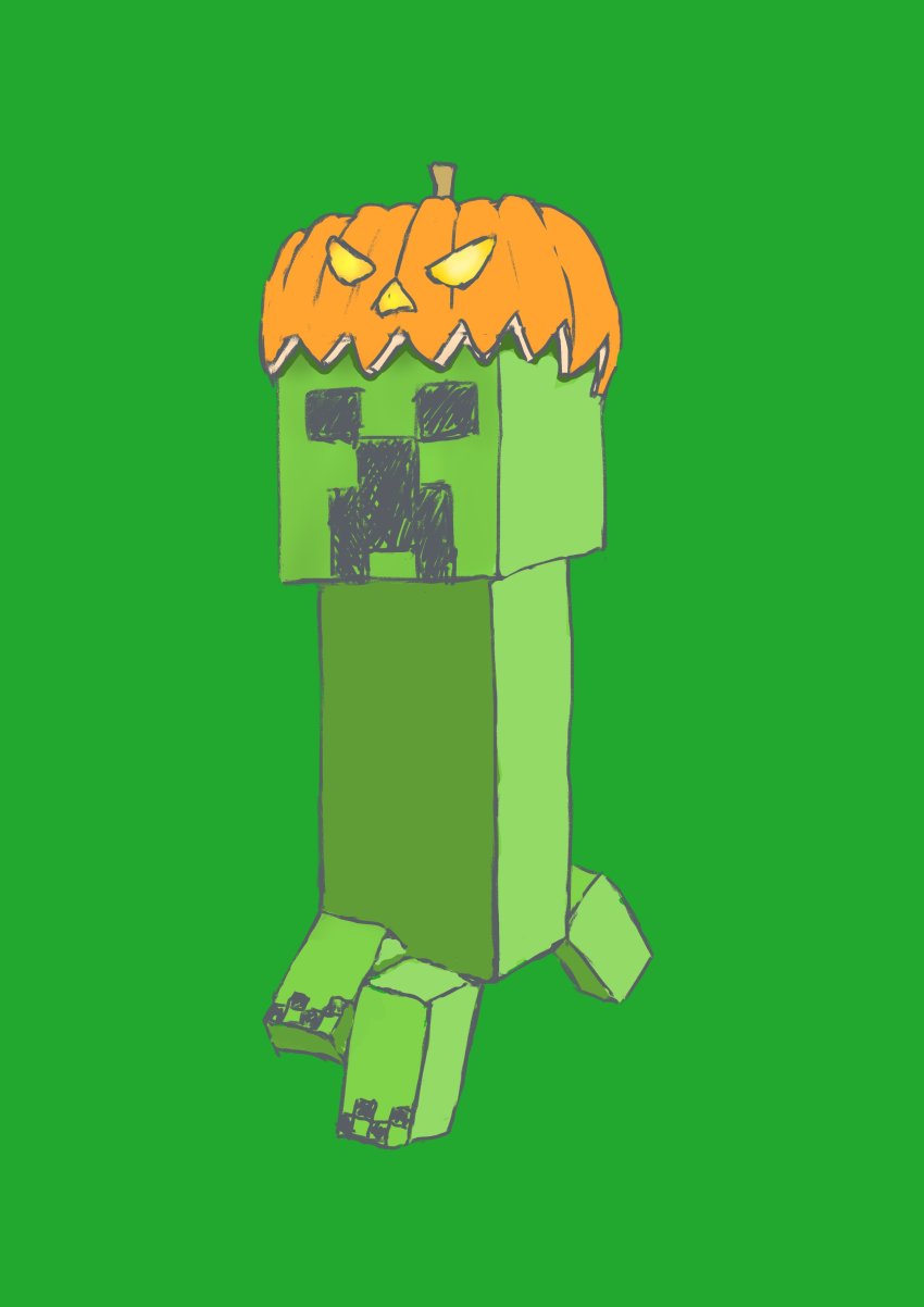 absurdres, creeper, green_background, hatching_(texture), highres, jack-o'-lantern, minecraft, pumpkin_hat