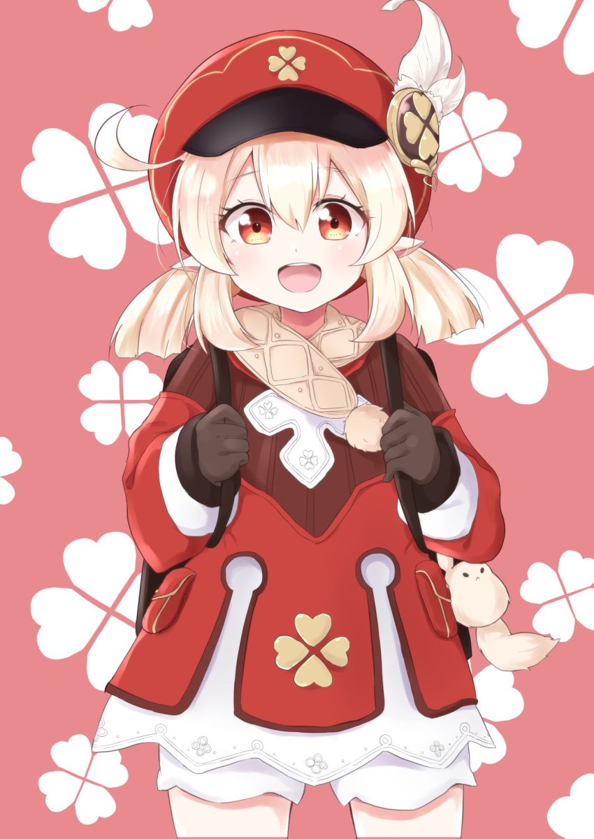 1girl, :d, ahoge, backpack, bag, blonde_hair, brown_gloves, newsboy_cap