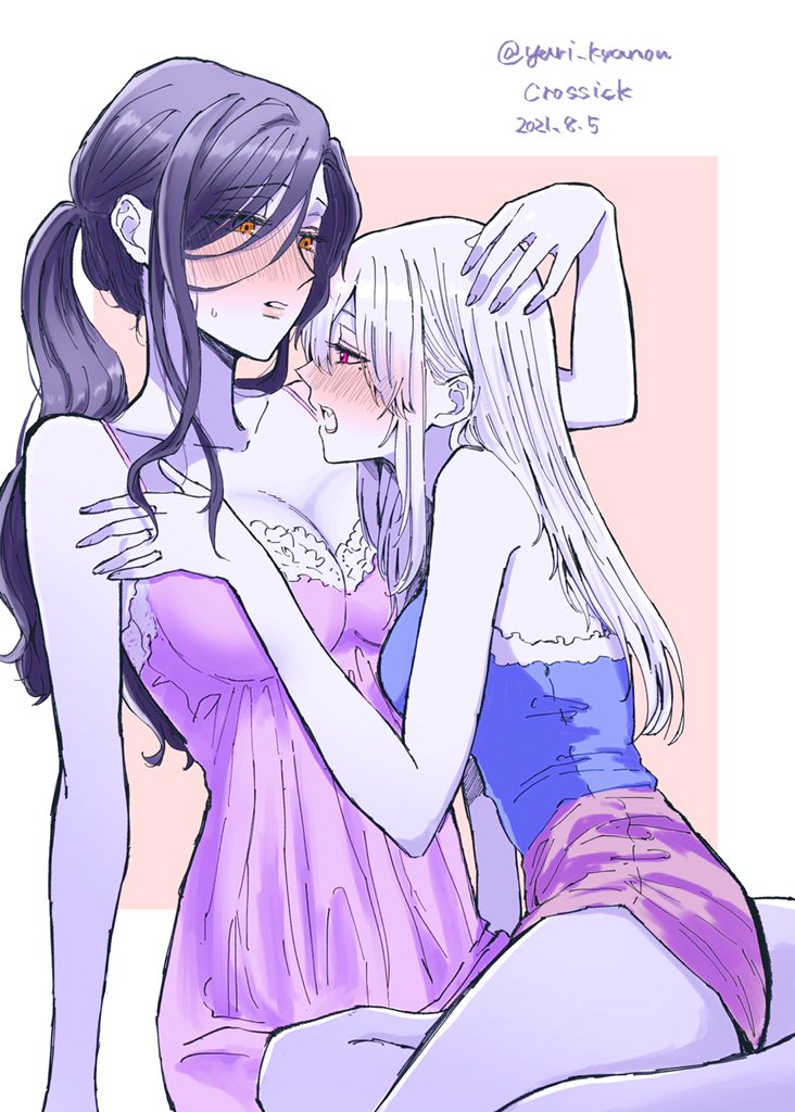 2girls, biting, blush, breasts, cleavage, dated, eyes_visible_through_hair, large_breasts, lingerie, long_hair, multiple_girls, nijisanji, shirayuki_tomoe, shorts, sukoya_kana, sweat, tank_top, twitter_username, underwear, virtual_youtuber, yuri, yuri_kyanon