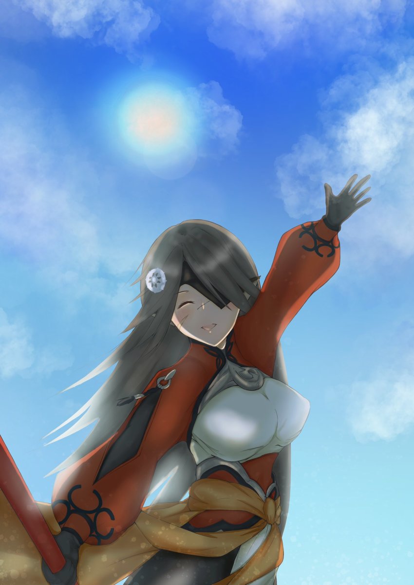 1girl, ainu_clothes, aquaplus, arm_above_head, arm_up, blue_sky, breasts, cloud