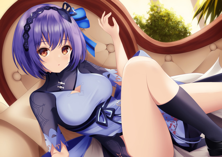 1girl, absurdres, black_footwear, black_headwear, black_socks, blue_dress, blue_ribbon, breasts