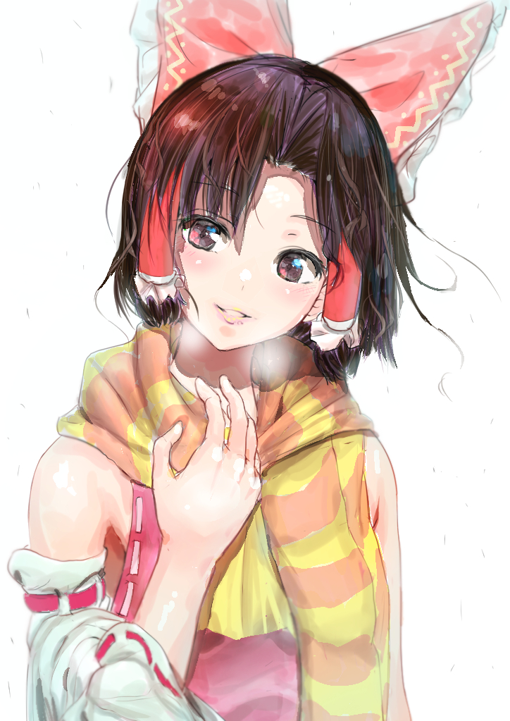 1girl, armpit_peek, bare_shoulders, benikurage_(cookie), bow, brown_eyes, brown_hair, commentary_request