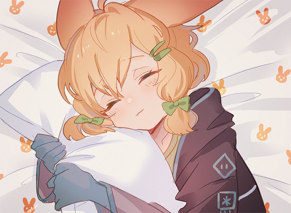 1girl, animal_ears, arknights, awa_iro, bed_sheet, blonde_hair, blush, closed_eyes
