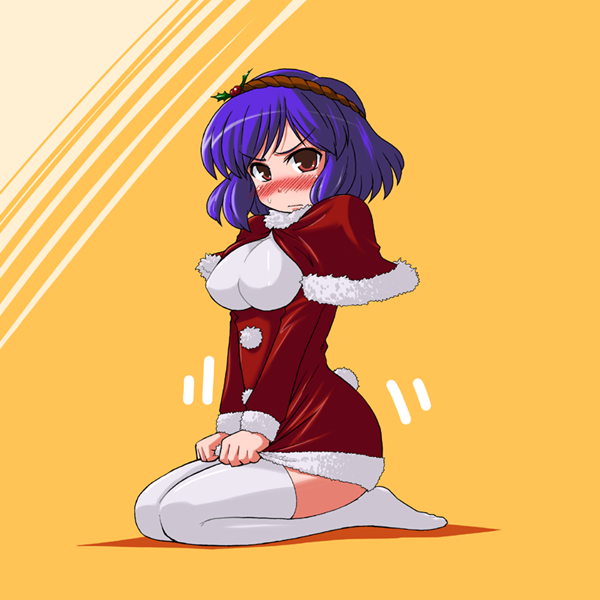 1girl, akase_rai, blue_hair, blush, breasts, capelet, christmas, dress, dress_tug, female_focus, full-face_blush, fur_trim, holly, large_breasts, mizumanju, purple_hair, red_eyes, seiza, short_hair, sitting, solo, sweatdrop, thighhighs, touhou, undersized_clothes, white_thighhighs, yasaka_kanako
