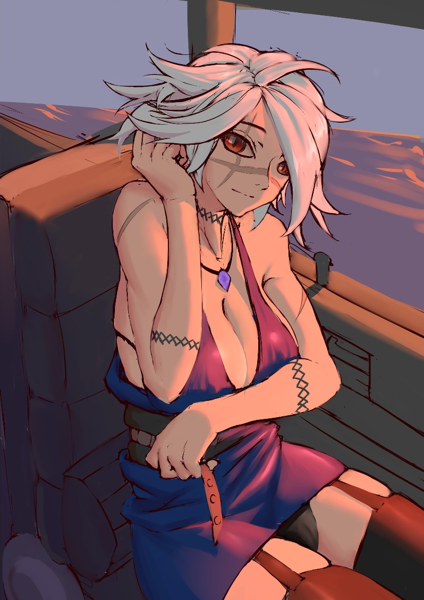 adjusting_hair, black_legwear, black_panties, black_survival, breasts, car, dress, eternal_return:_black_survival, garter_straps, jackie_quilt, jewelry, large_breasts, motor_vehicle, panties, pendant, purple_dress, red_eyes, scar, scar_across_eye, scar_on_face, short_hair, sitting, sleeveless, sleeveless_dress, tattoo, thighhighs, underwear, wang_mu, white_hair