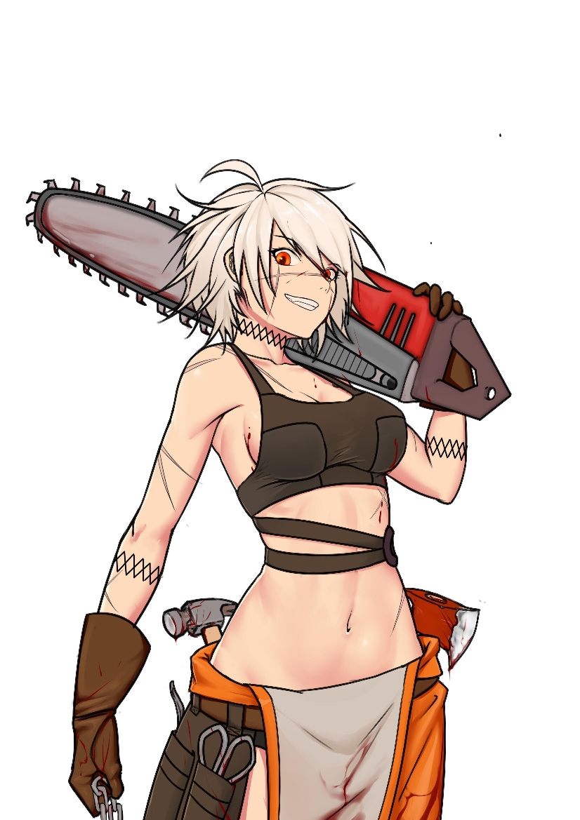 apron, axe, belt, black_bra, black_survival, blood, blood_splatter, bra, breasts, brown_gloves, chain, chainsaw, eternal_return:_black_survival, fire_axe, gloves, hammer, jackie_quilt, large_breasts, orange_apron, red_eyes, scar, scissors, short_hair, tattoo, underwear, wang_mu, white_hair