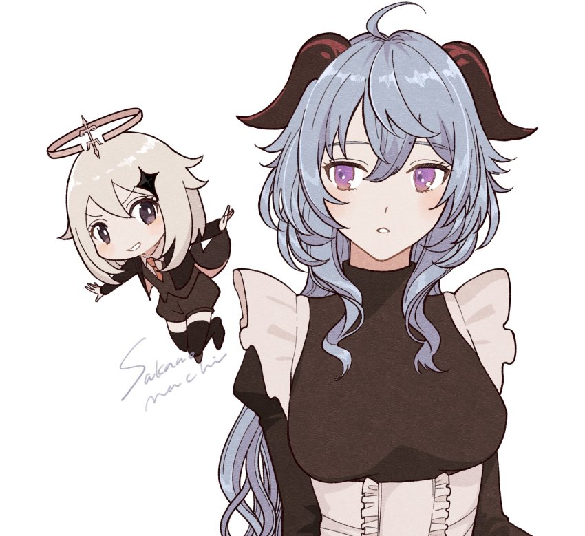 2girls, ahoge, alternate_costume, apron, black_dress, black_jacket, blue_hair, blush, breasts, dress, enmaided, ganyu_(genshin_impact), genshin_impact, hair_ornament, halo, highres, horns, jacket, long_hair, long_sleeves, maid, multiple_girls, necktie, paimon_(genshin_impact), parted_lips, purple_eyes, sakanomachico, sidelocks, simple_background, white_apron, white_hair