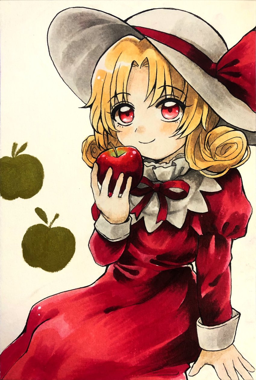 1girl, apple, blonde_hair, blush, commentary_request, curly_hair, dress, elly_(touhou)
