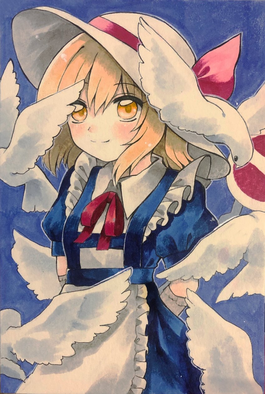 1girl, apron, arms_behind_back, bird, blonde_hair, blue_background, blue_dress, blush