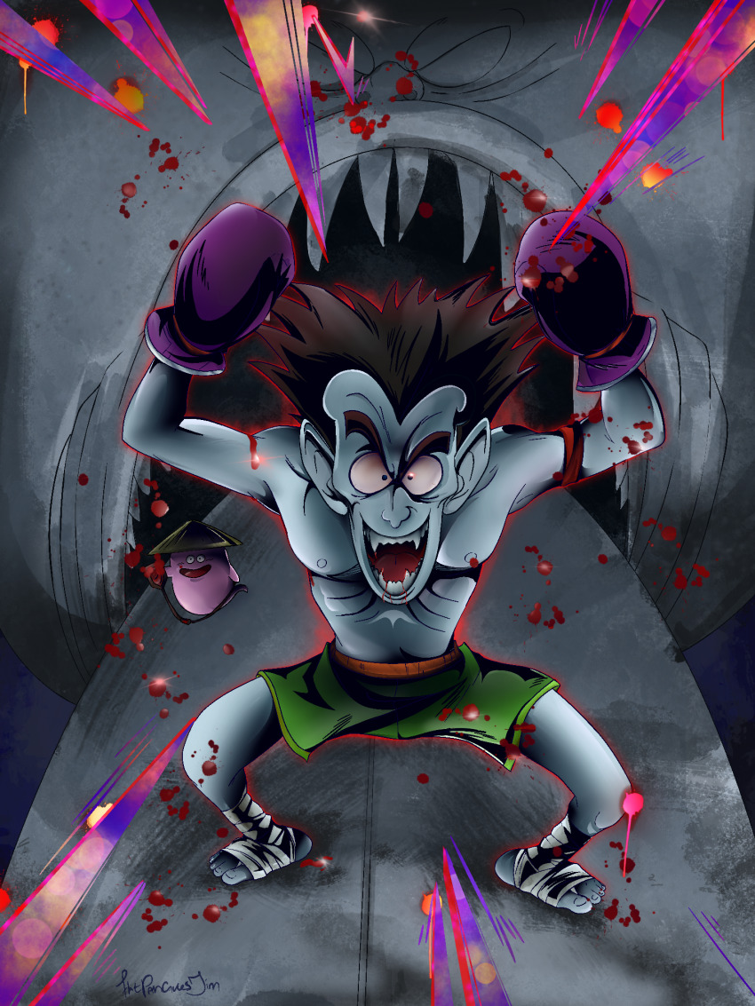 1boy, arms_up, blood, blood_bag, boxing_gloves, boxing_shorts, dokkan_battle, dracula_man