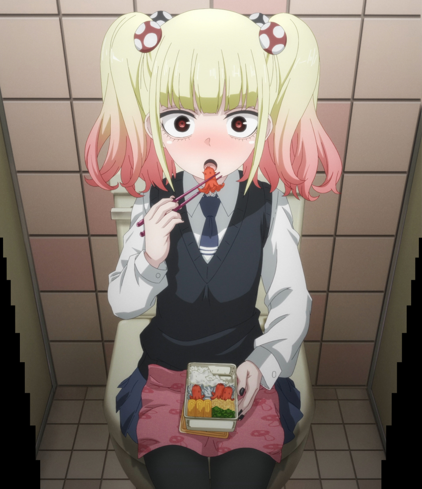 1girl, absurdres, anime_screenshot, bento, black_pantyhose, black_vest, blonde_hair, blue_neckwear