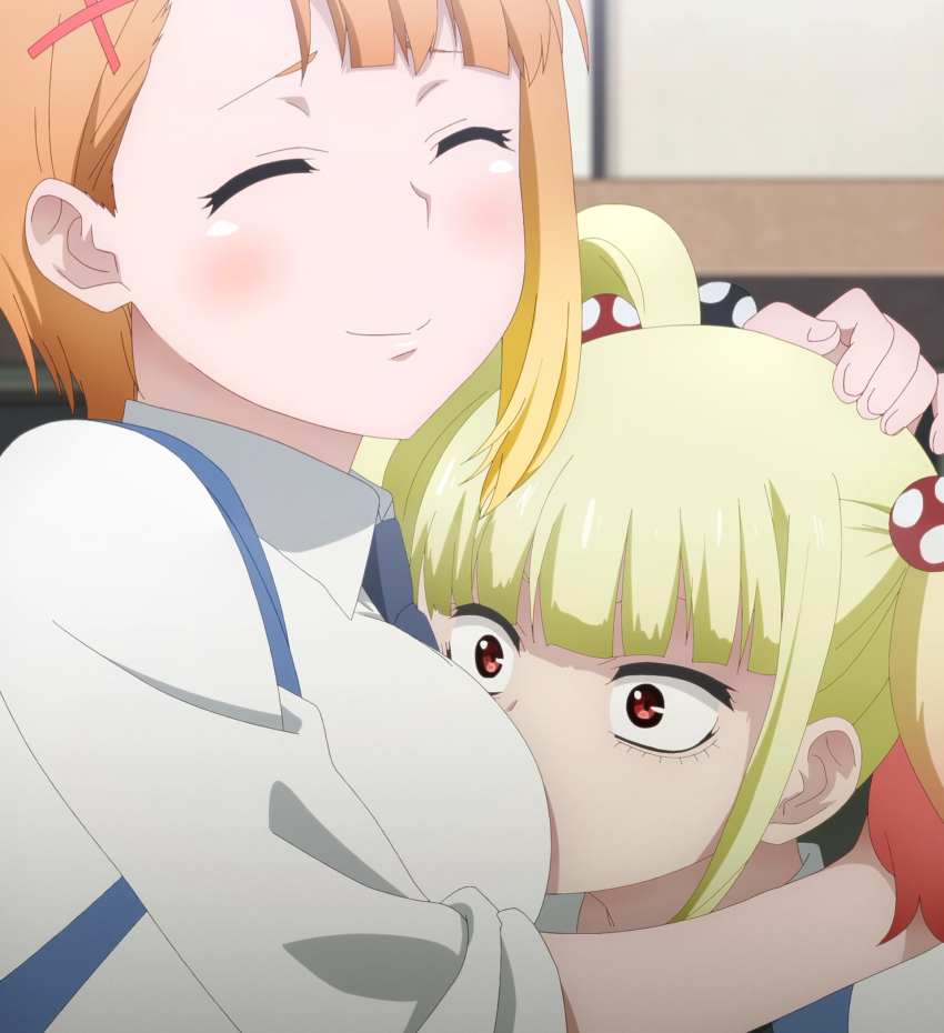 2girls, anime_screenshot, asymmetrical_bangs, blonde_hair, blue_neckwear, blunt_bangs, breasts, closed_eyes