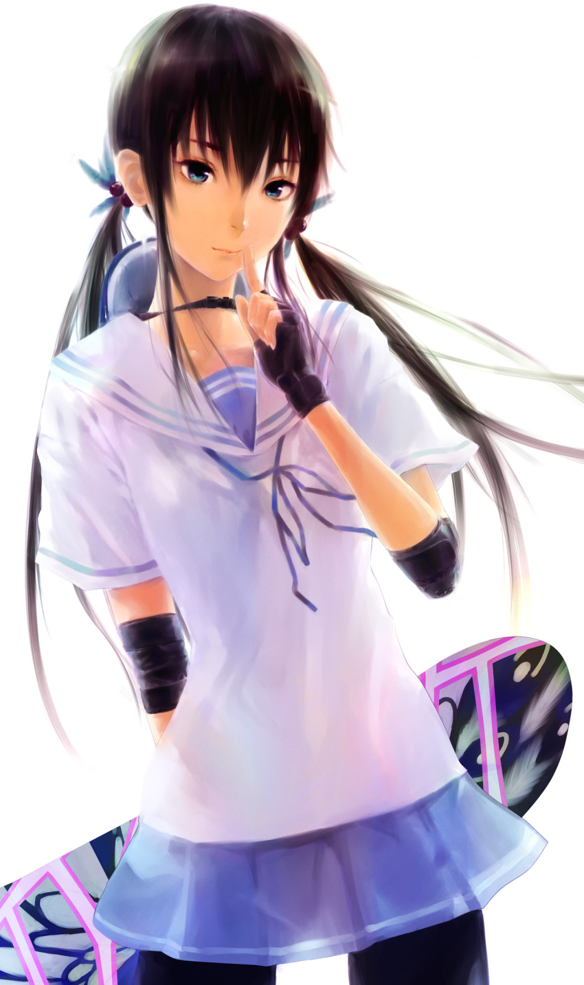 1girl, bad_id, bad_pixiv_id, black_hair, blue_eyes, bunnymenjdno, female_focus, finger_to_mouth, fingerless_gloves, gloves, hair_bobbles, hair_ornament, hand_to_own_mouth, helmet, highres, kawakami_rokkaku, long_hair, miniskirt, original, pantyhose, school_uniform, serafuku, shushing, skateboard, skirt, solo, twintails