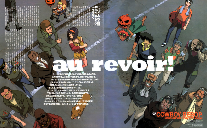 2girls, 6+boys, animal, antonio_(cowboy_bebop), barefoot, cape, carlos_(cowboy_bebop), cowboy_bebop