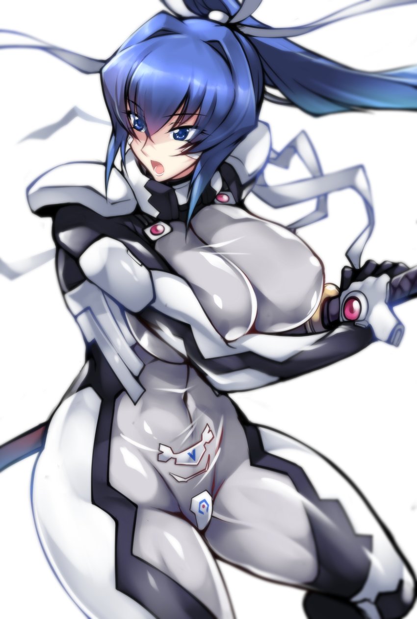 absurdres, breasts, covered_erect_nipples, covered_navel, floating_hair, fortified_suit, haganef, hair_intakes, hair_ribbon, highres, holding, holding_sword, holding_weapon, huge_breasts, katana, long_hair, mecha_pilot_suit, mitsurugi_meiya, muv-luv, muv-luv_alternative, muv-luv_alternative_(anime), open_mouth, pilot_suit, ribbon, sheath, skin_tight, solo, sword, thick_thighs, thighs, unsheathing, weapon, white_background, white_ribbon