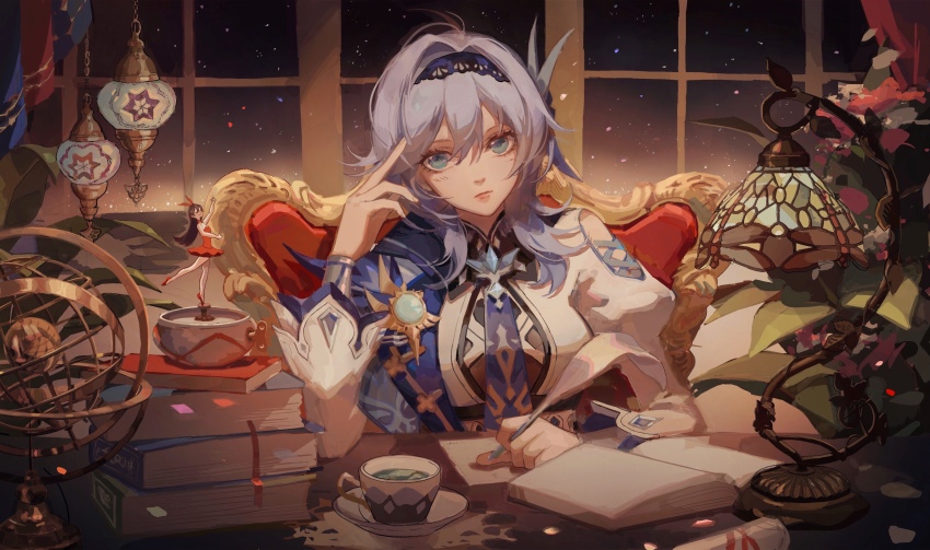 1girl, absurdres, amber_(genshin_impact), aqua_eyes, armillary_sphere, blue_hair, blue_necktie, book