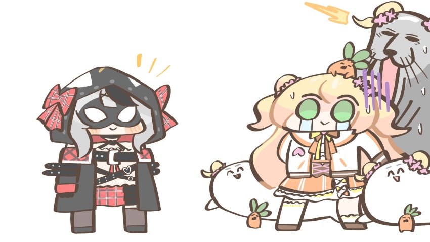 2girls, black_jacket, black_legwear, chibi, corset, crying, double_bun, dress