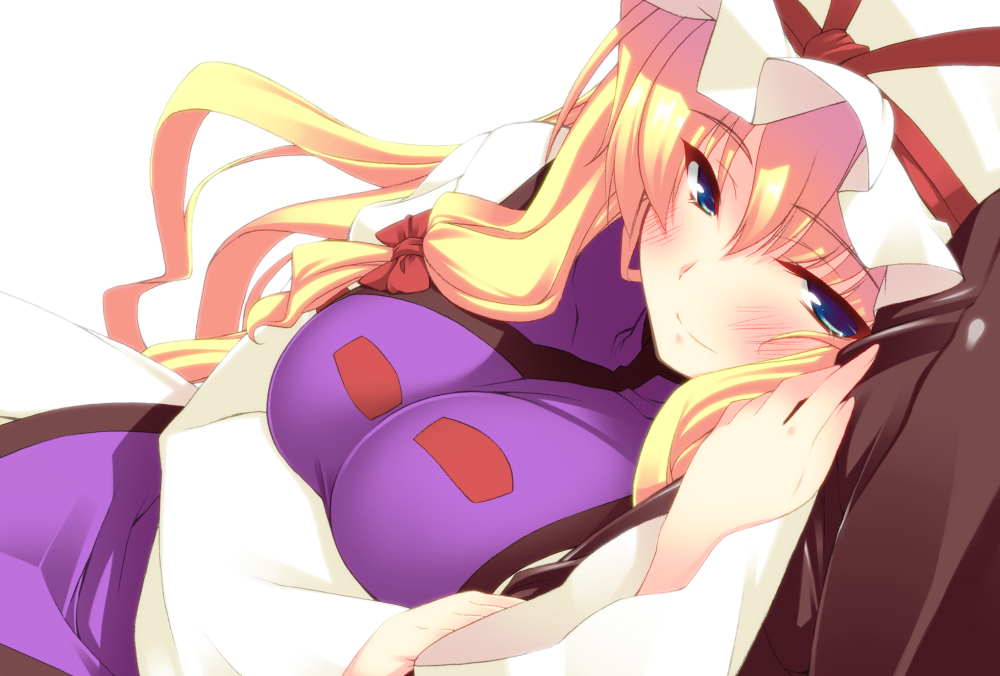1girl, arm_hug, blonde_hair, blue_eyes, blush, breasts, dutch_angle, hat, hyouju_issei, large_breasts, long_hair, looking_at_viewer, lying, solo_focus, touhou, tsukiyo-b, yakumo_yukari