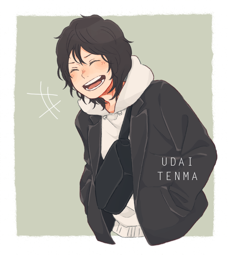 +++, 1boy, black_hair, black_jacket, character_name, commentary_request, closed_eyes, fanny_pack