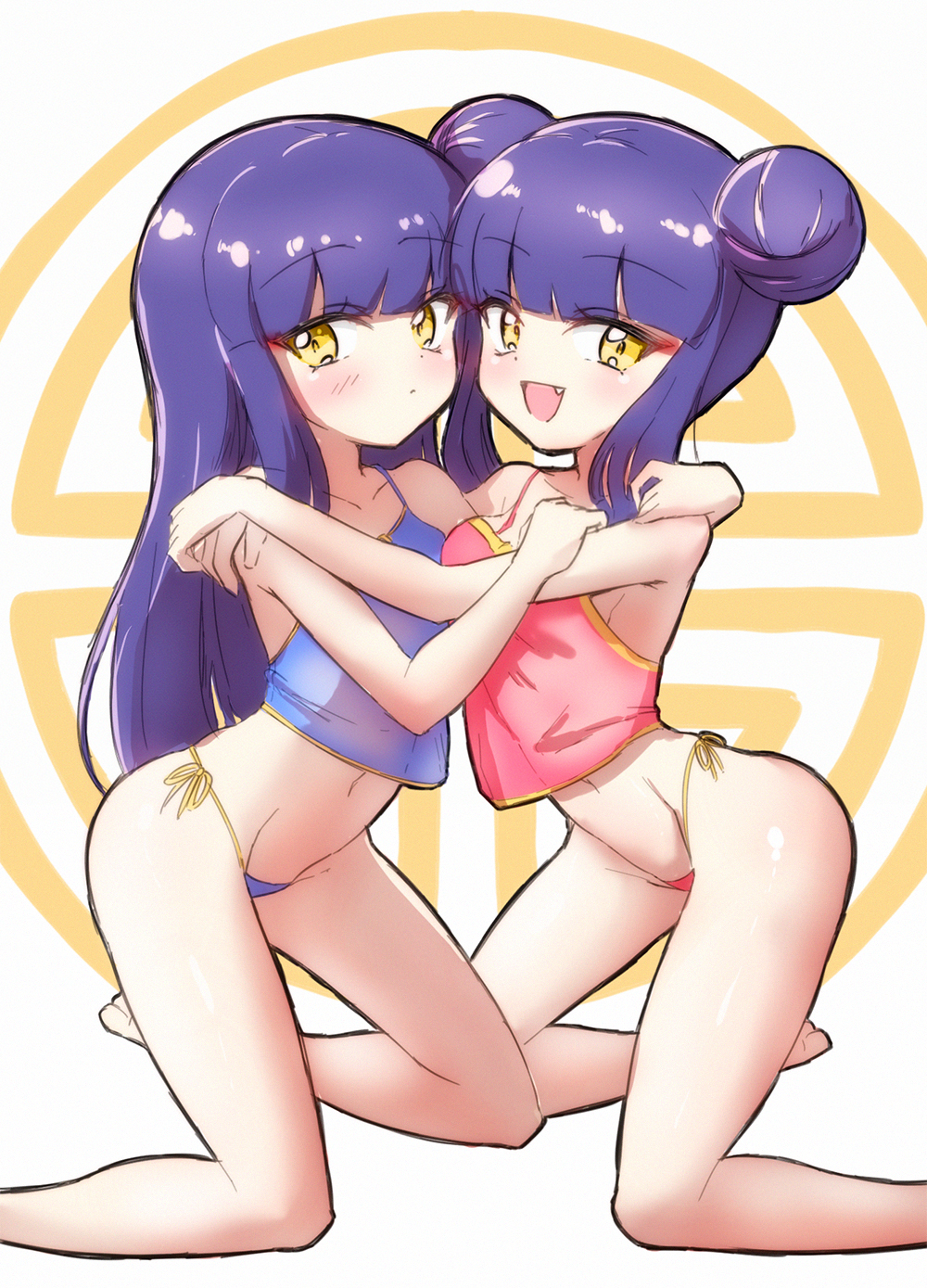 2girls, bare_shoulders, blue_hair, blue_panties, blush, breasts, fang, female_focus