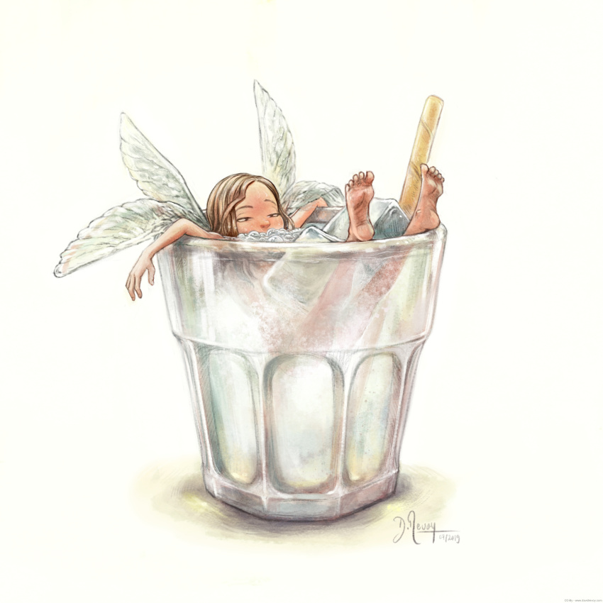 artist_name, bath, bathing, blowing_bubbles, bubble_bath, cup, dated, david_revoy, drinking_glass, drinking_straw, fairy, feet_up, highres, ice, ice_cube, in_container, mini_person, minigirl, nude, simple_background, straw, tumbler, two_pairs, white_background, wings