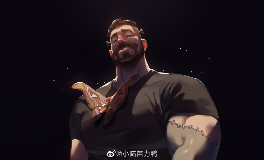 1boy, absurdres, bara, beard, black_shirt, blue_eyes, bug, butterfly, facial_hair, frankenstein's_monster, frankenstein's_monster_costume, halloween, highres, insect, insect_on_chest, large_pectorals, light_particles, male_focus, mature_male, muscular, muscular_male, mustache, orange_butterfly, original, oversized_bug, pectorals, shirt, short_hair, solo, stitches, tight_clothes, tight_shirt, undercut, upper_body, xiaolumiaoliya