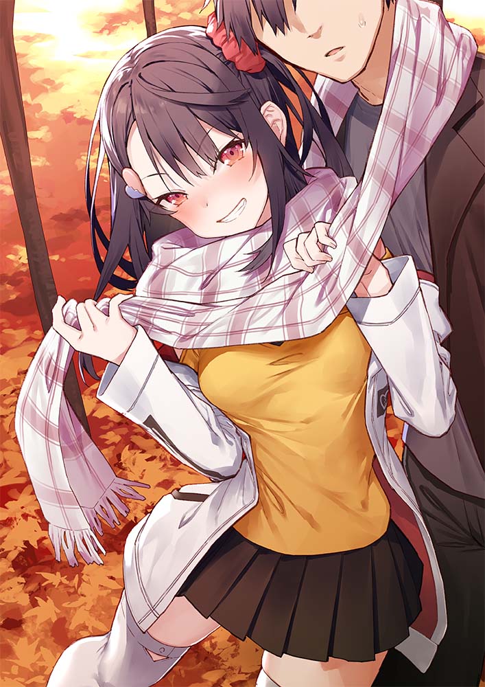 1boy, 1girl, autumn, autumn_leaves, black_hair, black_skirt, brother_and_sister, clenched_teeth